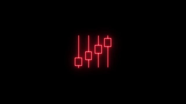 Red neon audio equalizer icon glowing on black background. Professional digital music mixer fader graphic symbol. Sound level control slider in red neon style for UI design.
