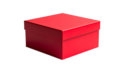 A vibrant red, closed square box is isolated against a stark black background