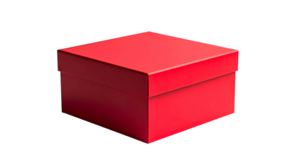 A vibrant red, closed square box is isolated against a stark black background