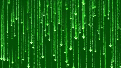 Vibrant green binary code streams cascading downwards, illustrating a continuous flow of digital information and advanced technology within a dynamic virtual environment - Powered by Adobe