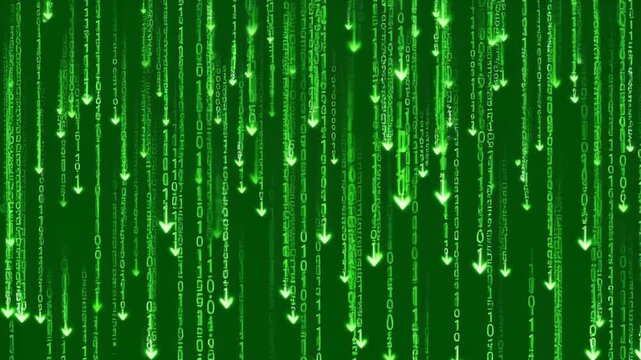 Vibrant green binary code streams cascading downwards, illustrating a continuous flow of digital information and advanced technology within a dynamic virtual environment