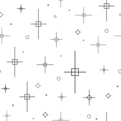 Minimal Sparkle and Star seamless pattern with circles and geometric shapes in line art style for wrapping paper, modern packaging, textiles, digital backgrounds, and branding. Vector illustration
