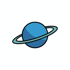 Cartoon illustration of a blue ringed planet against a white background