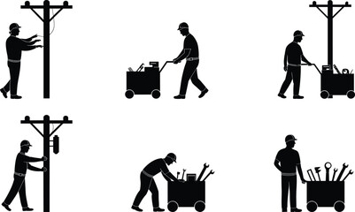Silhouette Set Of Utility Workers With Tools And Poles Keywords: silhouette, utility worker, lineman, tools, cart, trolley, pole