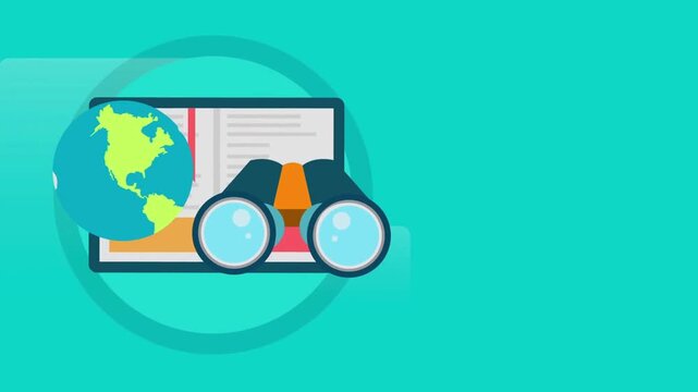 Binoculars and Globe on a Computer Screen with Teal Background