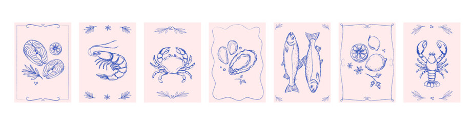 Seafood Poster and Cover Templates with Hand Drawn fish, lobster, shrimp, crab, oysters, and lemons for restaurant branding, menu design, food packaging, kitchen wall art, flyers. Vector illustration