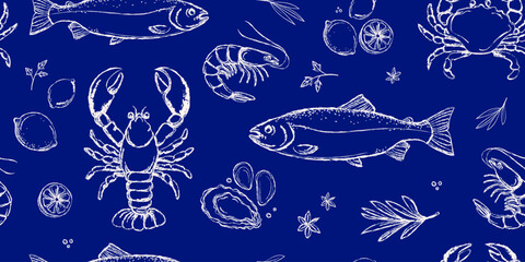 Hand Drawn Seafood seamless Pattern featuring fish, lobster, shrimp, crab, oysters, lemons, and herbs for restaurant menus, seafood packaging, textile design, wrapping paper, and kitchen decor.Vector