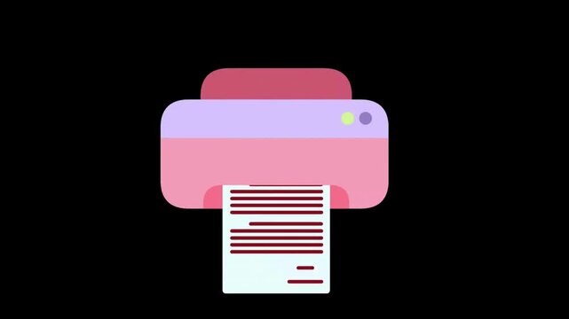Pink and purple flat icon printer printing document on black background paper technology