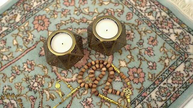 Two gold-toned candle holders flank a wooden bead mala laid across a richly patterned Persian rug
