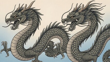 Obraz premium Two majestic black dragons in traditional Asian art style.