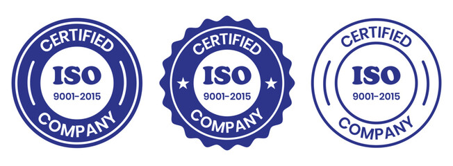 ISO 9001-2015 Certified Company Stamp. Quality Assurance and Compliance Certification Logo for Business and Manufacturing. ISO 9001-2015 Certified Company badge, flat vector, isolated illustration.