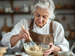 Elderly woman baking at home, brown apron, mixing batter in glass bowl in kitchen