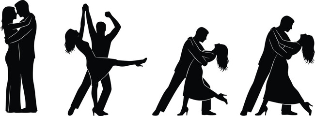 Romantic couple silhouettes dancing, performing a passionate, elegant, and stylish routine for tango, salsa, or ballroom dance.