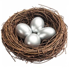 Eggs nestled in twig nest, silver and gleaming