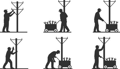 Silhouettes of linemen working on utility poles with tools and equipment Keywords: lineman, utility pole, silhouette, worker