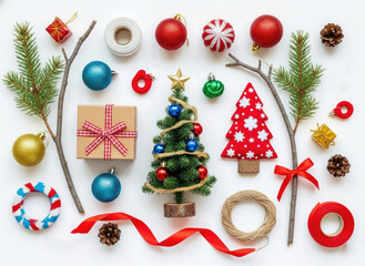 Christmas Flat Lay Composition with Gift and Tree Arch