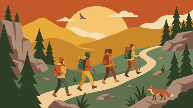 Four diverse hikers with backpacks walking on a mountain trail during a scenic sunset with a fox and bird in a warm, flat vector illustration style