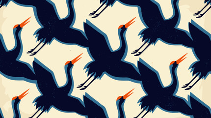 Fototapeta premium Seamless pattern of stylized dark blue cranes with orange beaks flying in a flock, a vintage graphic illustration with a textured block print effect on a cream background