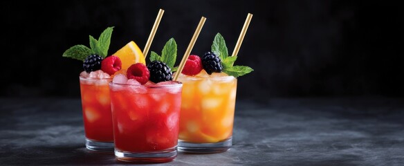 Iced fruit concoctions sparkle like jewels with bright garnish and cheerful stirring sticks