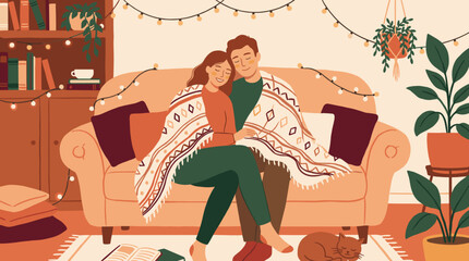 Young loving couple cuddling together under a warm patterned blanket on a sofa in a cozy living room with a sleeping cat, houseplants, and warm string lights