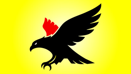 Dynamic Black Eagle Silhouette Logo Design with Spread Wings and Sharp Talons Against a Vibrant Yellow Background, Symbolizing Power and Freedom