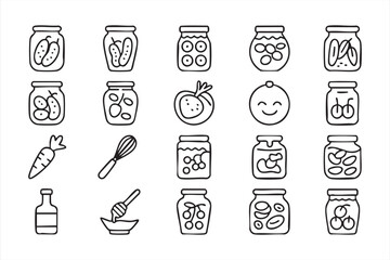 Pickled Food Line Icons with Jars, Vegetables and Fruits for Recipe Apps and Culinary UI