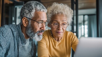 Elderly couple engaged in technology, closely examining a laptop screen while sharing quality time together, showcasing the bond of learning and connection in modern life.