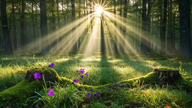 Sunbeams illuminate a magical forest floor with mossy stumps and purple flowers.