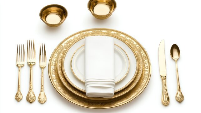 Gold plated dinnerware place setting, formal table setting, elegant tableware
