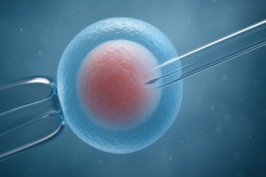  Visualiza&ccedil;&atilde;o m&eacute;dica 3D de ICSI com micropipeta de vidro penetrando &oacute;vulo, luz cl&iacute;nica azul