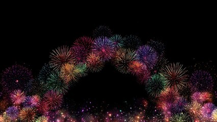 Multicolored fireworks form vibrant arch over black space for celebration, holiday, or event design with copy area

