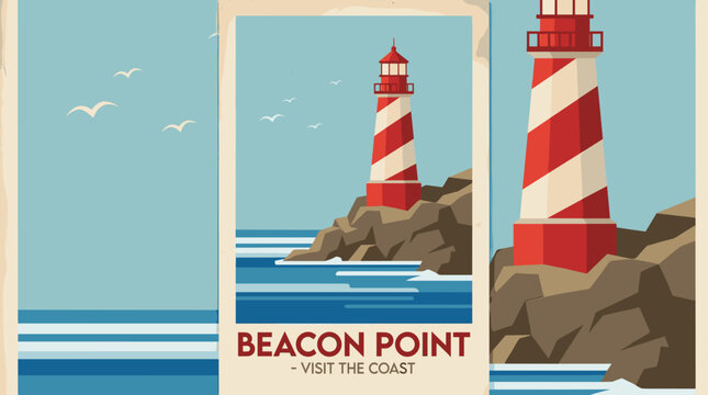 Retro travel poster illustration of a red and white striped lighthouse on a rocky cliff, a classic nautical scene with seagulls and ocean waves