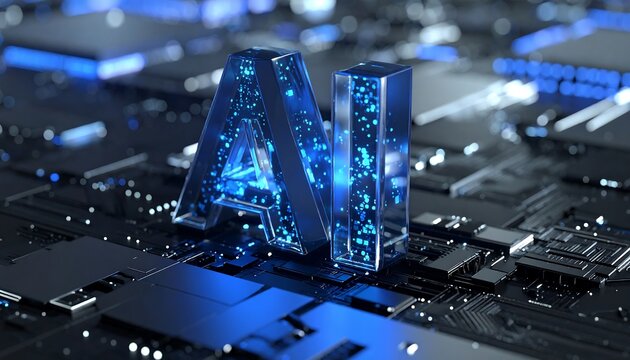 精密な基板上に配置されたAI文字が未来社会を象徴する構図