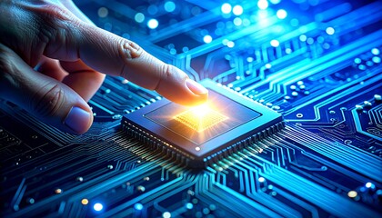 人の指が明るく光るプロセッサ中央に触れ計算処理を起動する先端電子技術のイメージ
