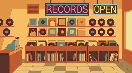 Retro record store interior illustration with shelves full of vinyl albums, a cash register, and a glowing neon sign in a warm, nostalgic flat design style