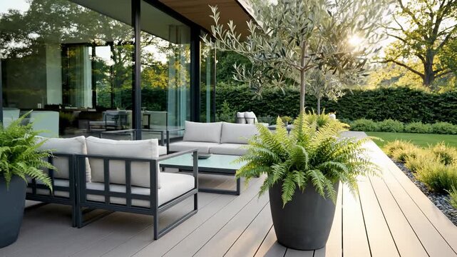 Architectural smooth backward dolly shot revealing a clean, contemporary patio deck furnished with sleek metal and cushion outdoor seating sets and large potted plants spacious, reveal, landscape