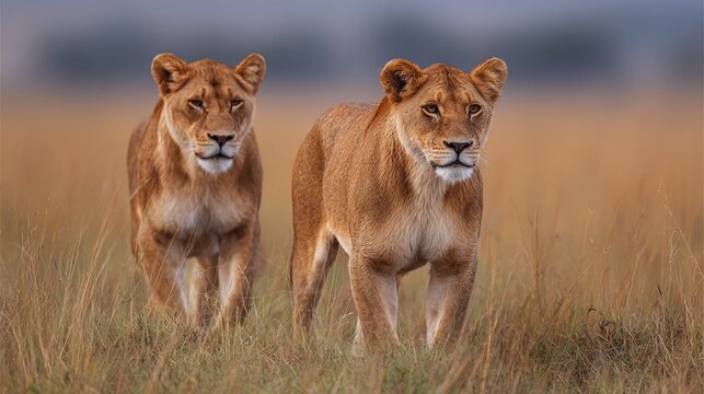 Two majestic lionesses walking side by side through golden savanna grasslands, showcasing their powerful and elegant presence in their natural habitat with soft blurred background. - Powered by Adobe