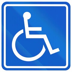 Wheelchair pictogram, white figure on a blue square