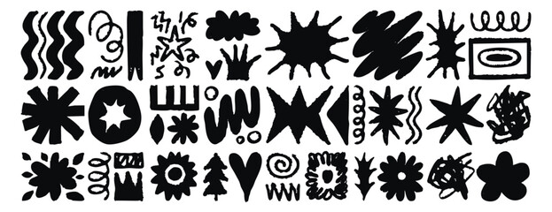 A set of doodle organic elements, leaves, hand drawn smooth lines, flowers, abstract shapes natural motifs, the sun, stones collection