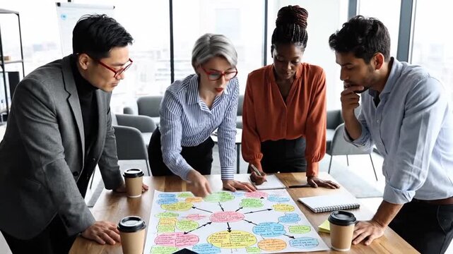 Diverse team analyzing a business diagram on a table with markers during a creative planning workshop