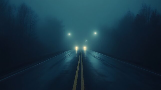 Eerie night drive with headlights piercing through heavy fog on a dark, wet road