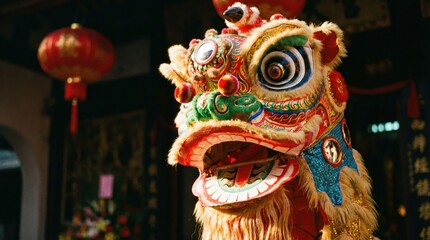 Fototapeta premium Colorful traditional lion dance costume head with intricate designs and vibrant colors, displayed during a cultural festival, symbolizing good fortune and celebration in a festive atmosphere