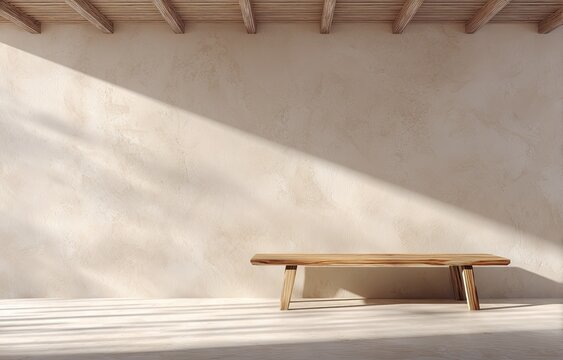 A sunlit, textured wall with a simple wooden bench, under a beamed ceiling