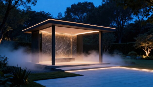 Modern architectural pavilion illuminated at night, surrounded by mist and greenery, featuring sleek lines and a minimalist design, creating a serene atmosphere for relaxation and contemplation