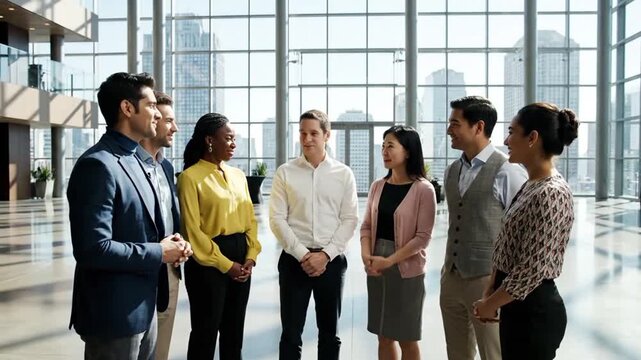 Large group of diverse corporate professionals standing and talking in a spacious modern office atrium