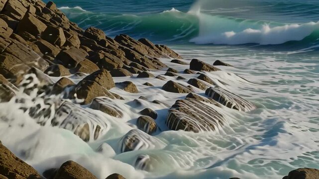 Cinematic ocean waves crashing on rocky shore, powerful turquoise sea water splashing over brown coastal rocks, dramatic marine landscape