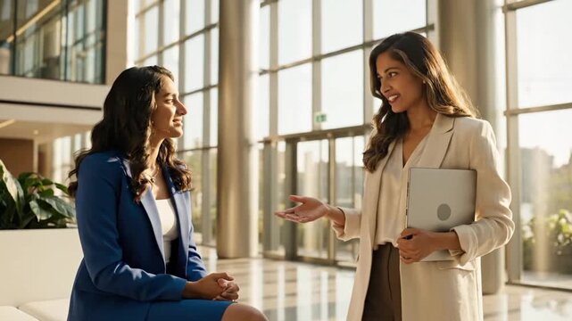 Two professional businesswomen having a conversation while standing in a bright modern corporate office lobby
