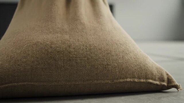 Close up of beige burlap textured pillow on gray floor. Interior decor, home textile, background.