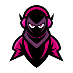 Mysterious masked character mascot design with glowing eyes and vibrant pink headphones