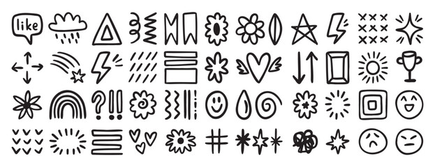 Random hand drawn doodle icons set with smiley faces, stars, flowers, arrows and symbols
